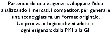 Partendo da una esigenza sviluppare l'idea analizzando i mercati, i competitor, per generare una sceneggiatura, un Format originale. Un processo logico che si adatta a ogni esigenza: dalla PMI alla GI. 