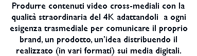Produrre contenuti video cross-mediali con la qualità straordinaria del 4K adattandoli a ogni esigenza trasmediale per comunicare il proprio brand, un prodotto, un’idea distribuendo il realizzato (in vari formati) sui media digitali.